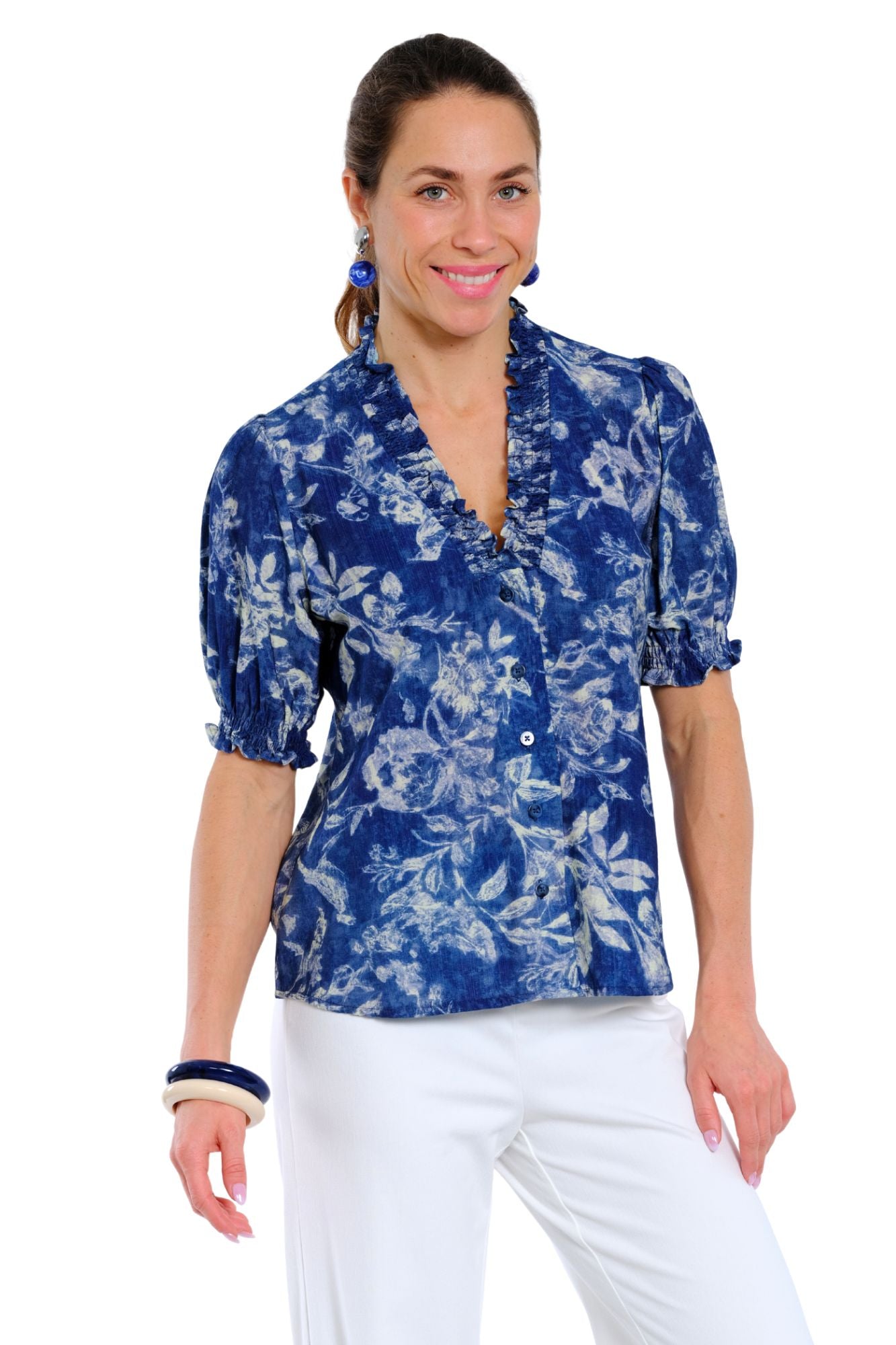Women's lightweight casual floral blouse with relaxed fit and V-neck design