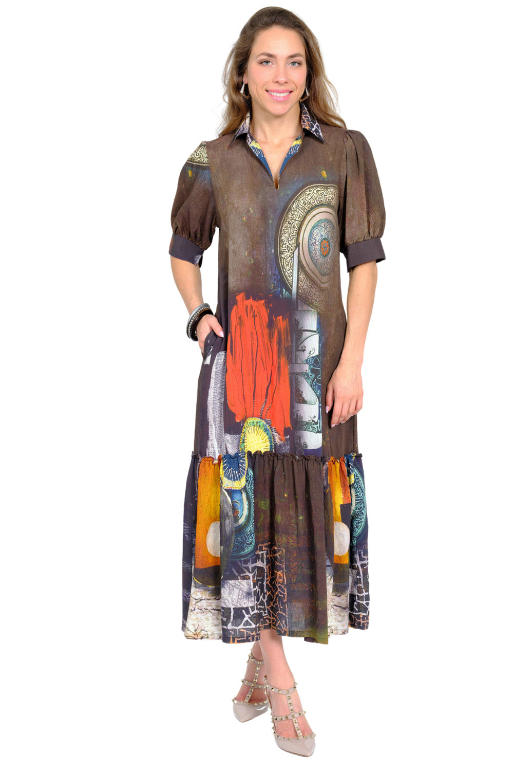 LIOR Women's Puff Sleeve Brown Abstract Midi Dress In Artistic Print -"Mika"