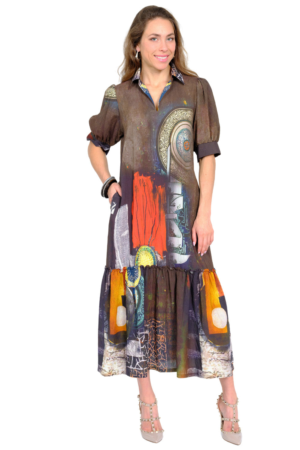 LIOR Women's Puff Sleeve Brown Abstract Midi Dress In Artistic Print -"Mika"