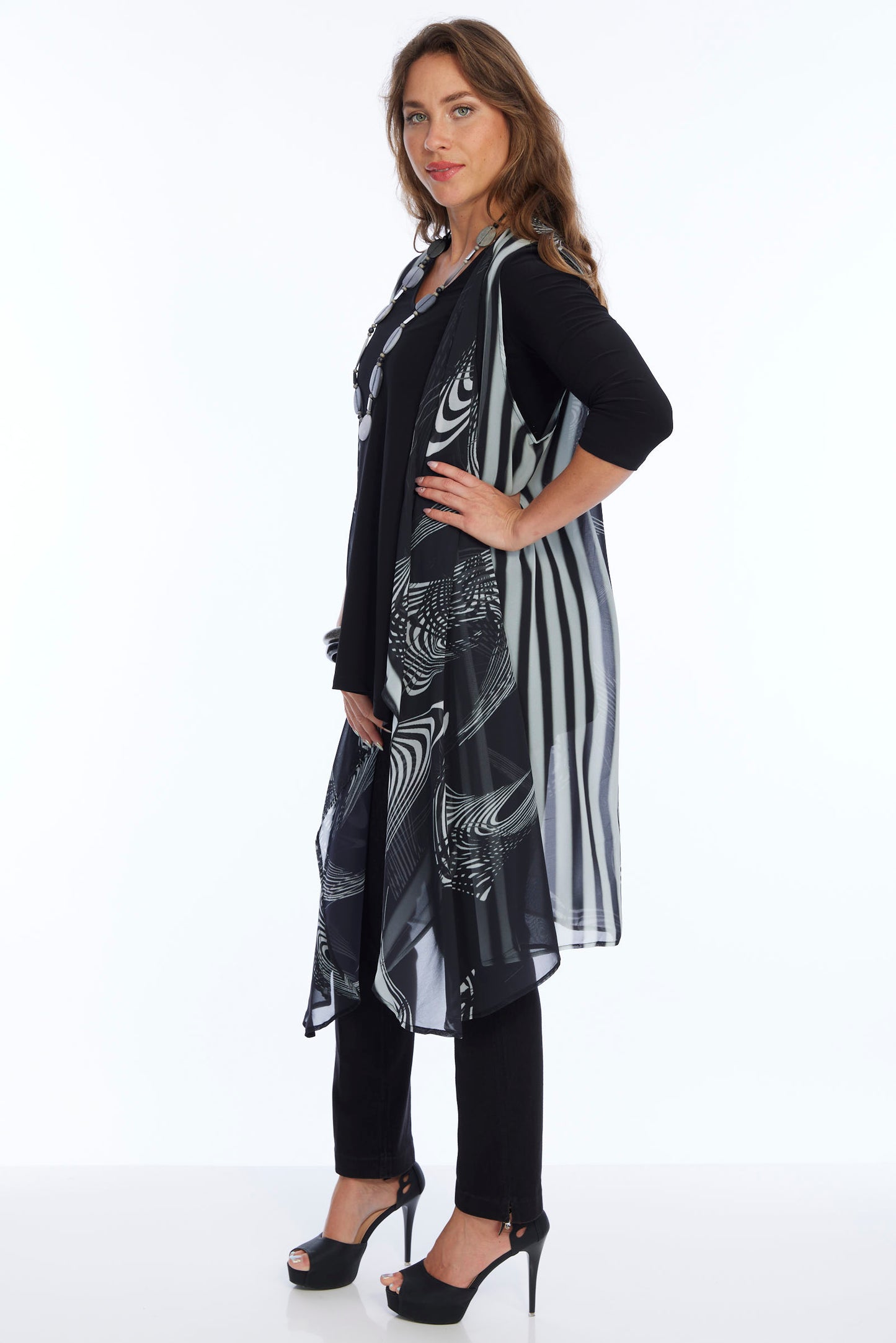 Women's Long Black & White Sheer Vest MILA | LIOR