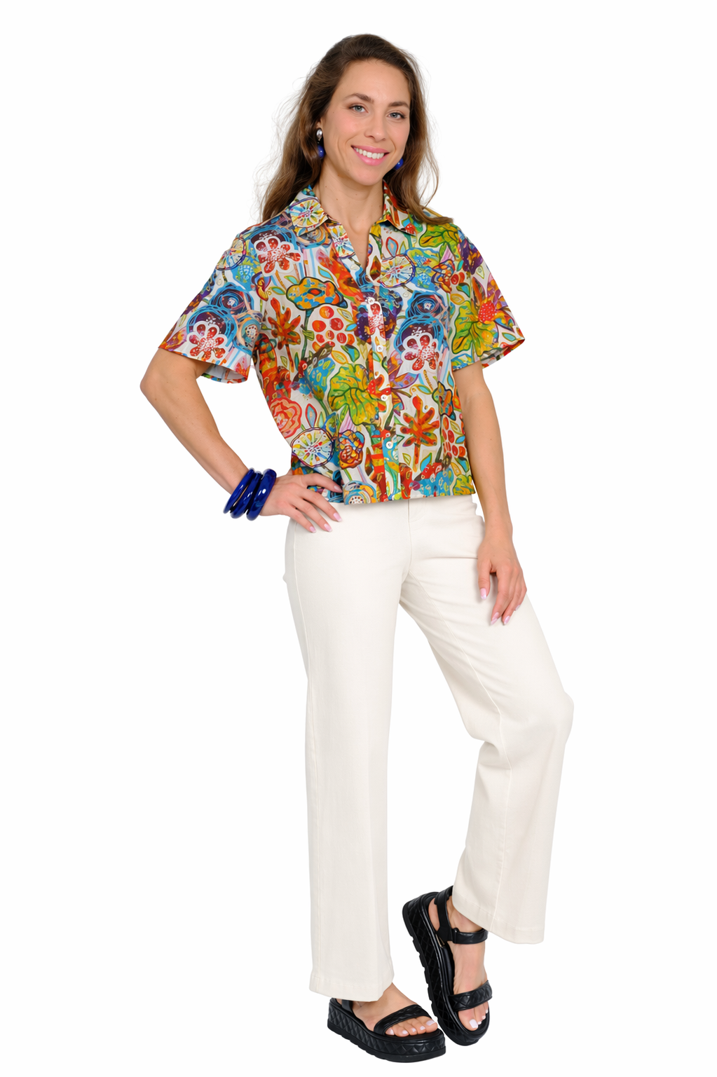 Colorful floral print camp shirt for women with short sleeves and button front