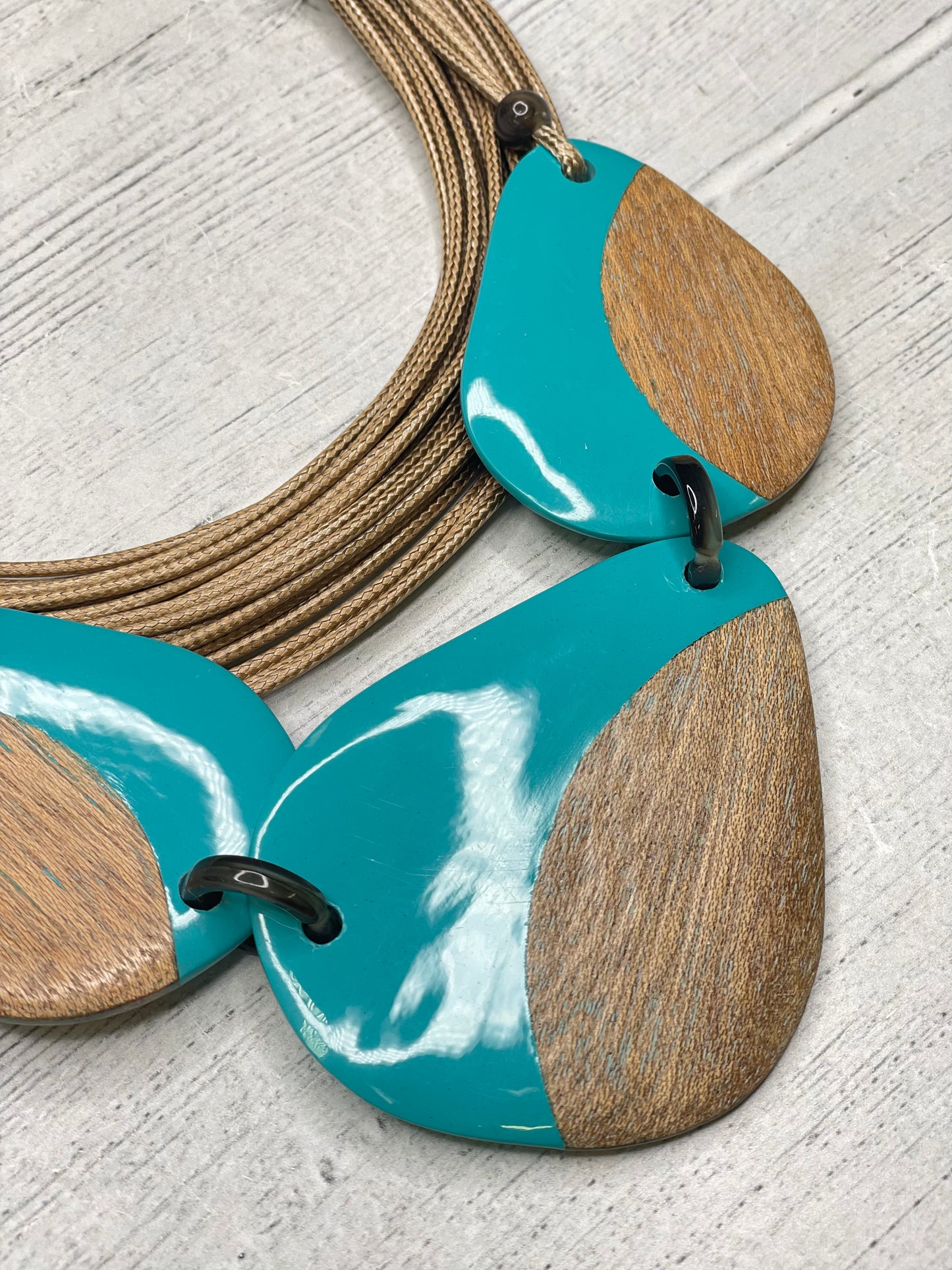Alisha D Multi Strand Cord with slice wood and  turquoise resin statement necklace