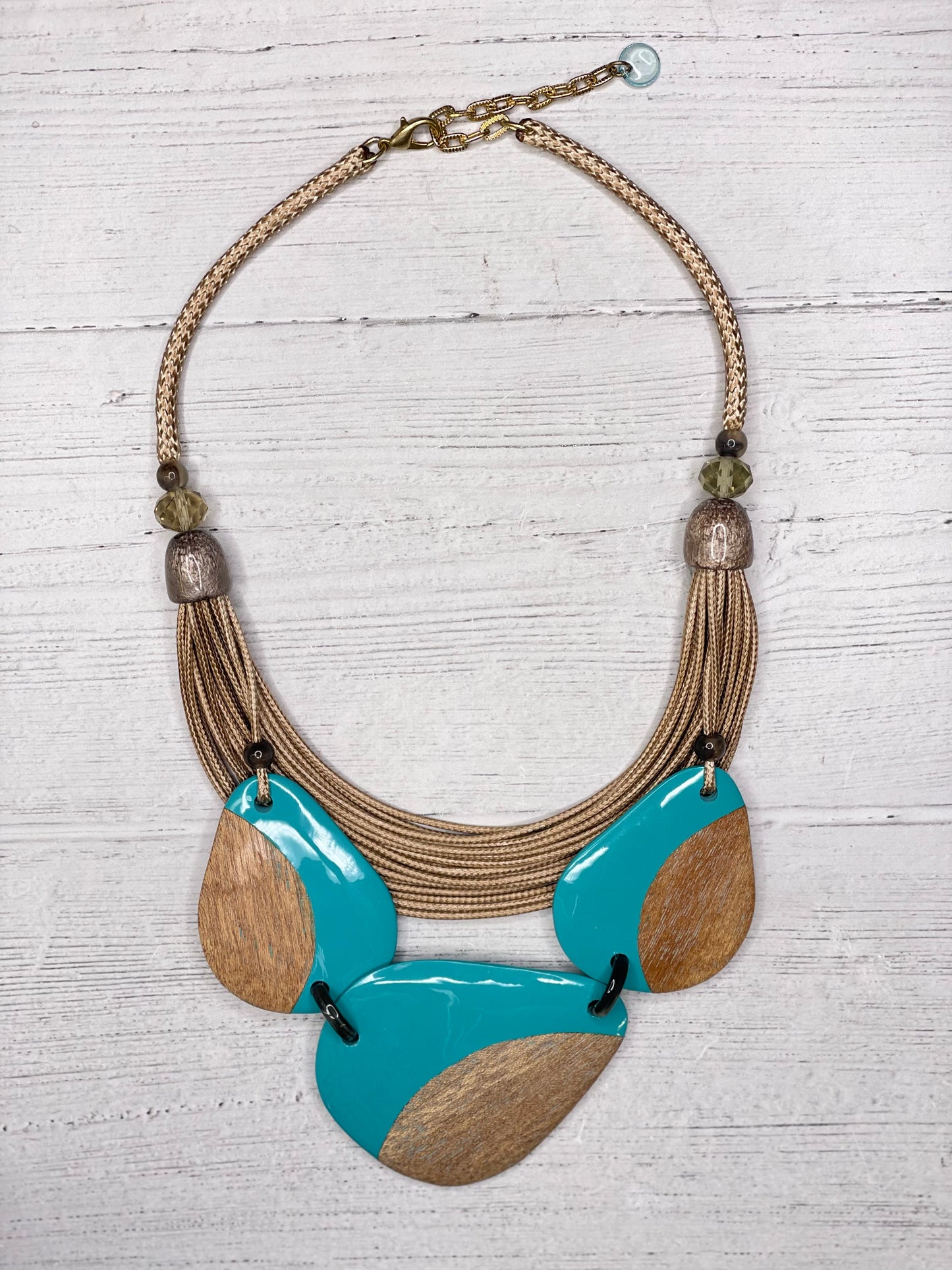 Alisha D Multi Strand Cord with slice wood and  turquoise resin statement necklace