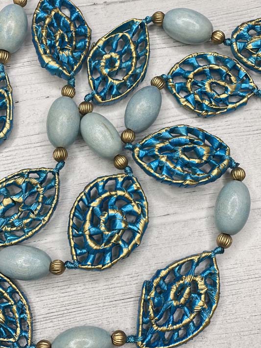 Alisha D Wood Raffia Oval Beaded Long Statement Necklace Adjustable Cord