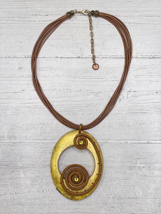 Alisha D Brown Gold Oval Pendant Statement Necklace Multi Strands Cord