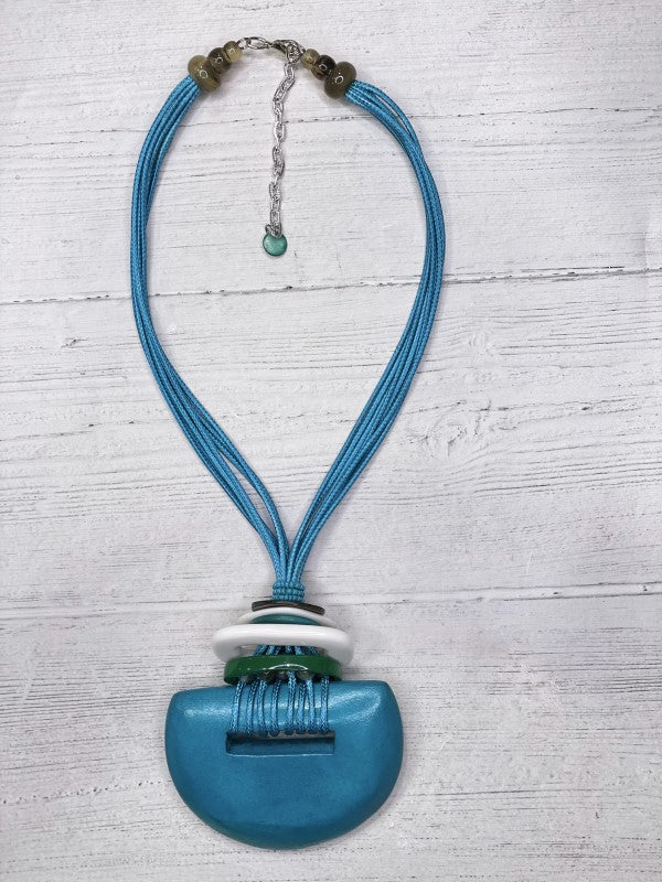 Alisha D Multi Strand Cord Big Wood Pendant Statement Necklace In Turquoise