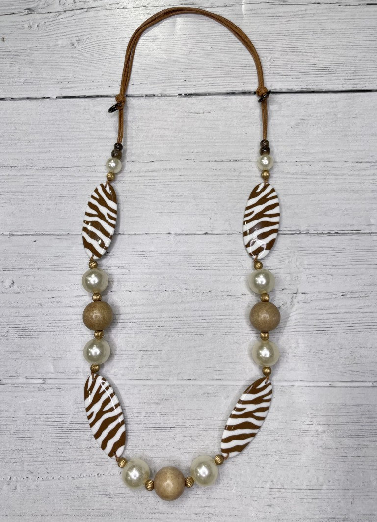 Alisha D Long Statement Necklace Animal Print Beige White