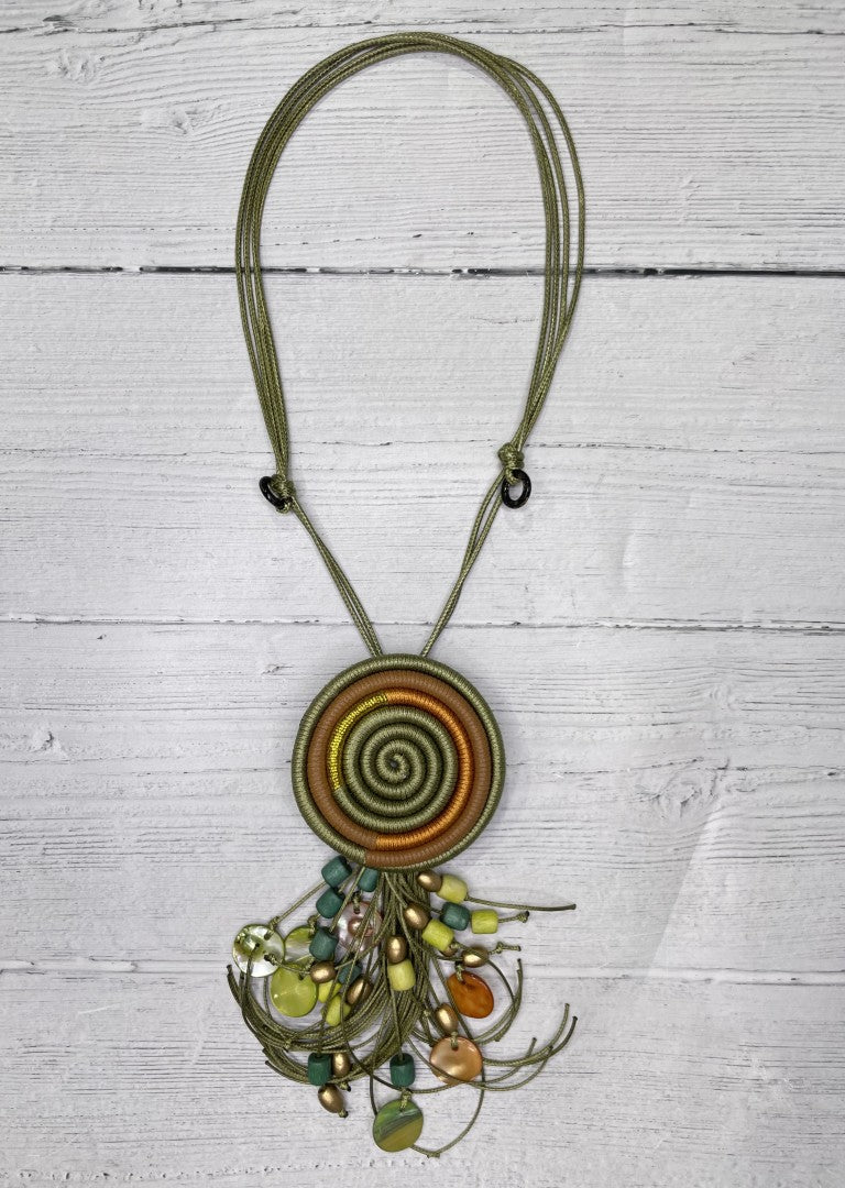 Alisha D Handmade Olive Camel Threads Pendant Necklace With Beaded Tassel