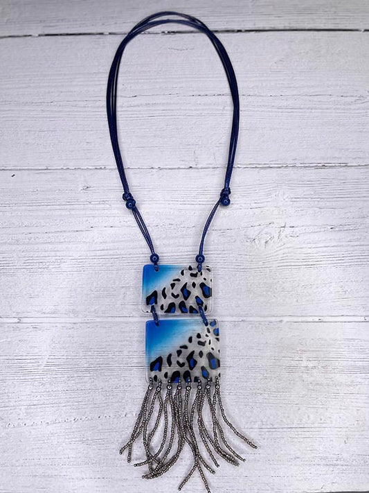Adjustable Cord Animal Print Resin Double Rectangle Pendant Tassel Necklace Alisha D