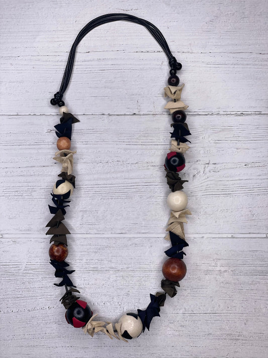 Handmade synthetic leather and wood beaded adjustable cord women necklace