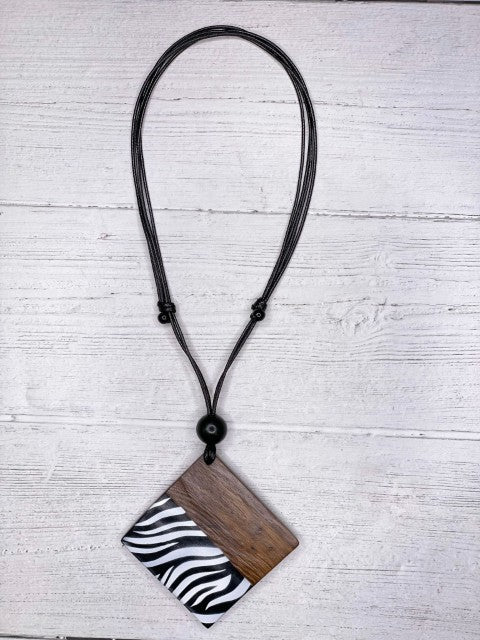 Alisha D Wood Pendant Animal Print Hand Painted Necklace Adjustable Cord