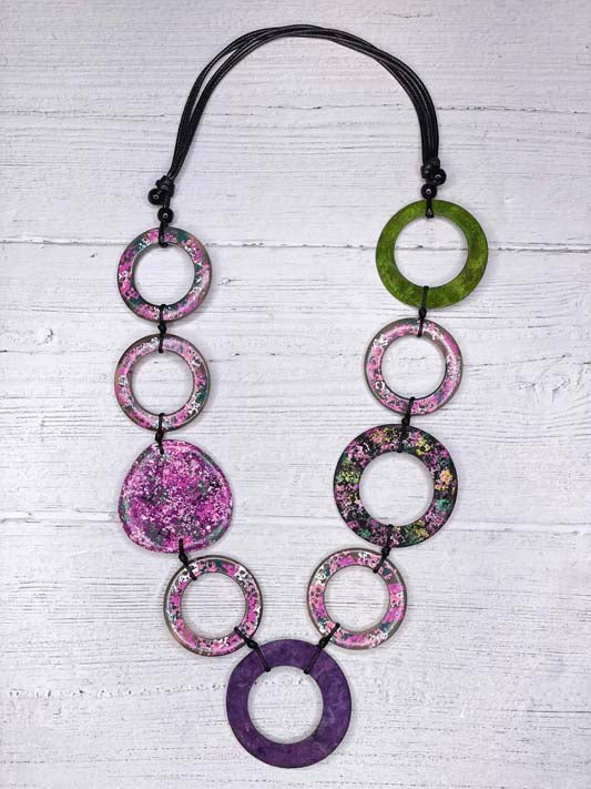 Alisha D Long Statement Necklace Adjustable Cord In Pink Green Rings