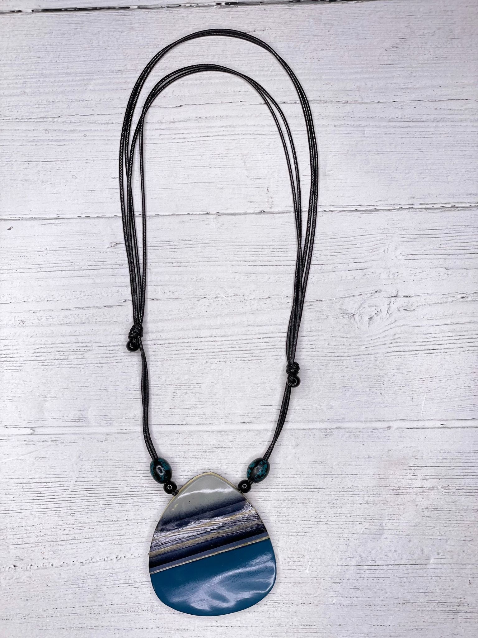 Alisha D Women's Necklace Blue Grey Hand Painted Wood Pendant