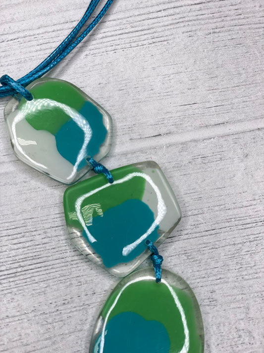 Alisha D Blue Green Resin Pendant Statement Multi Strand Cord Necklace