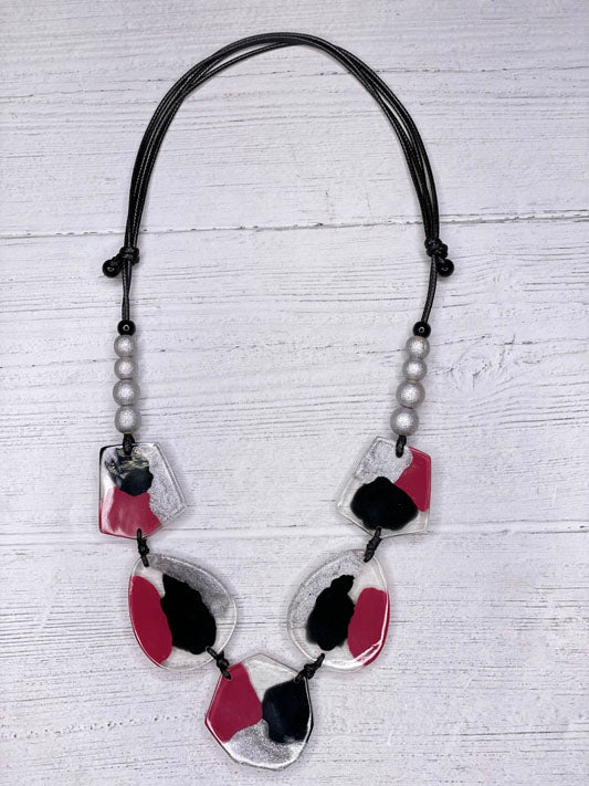 Alisha D Women's Statement Red Black Silver Resin Necklace Adjustable Cord