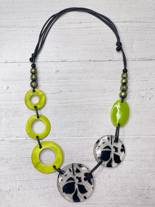Alisha D Lime Grey Resin Disc Statement Necklace Adjustable Cord