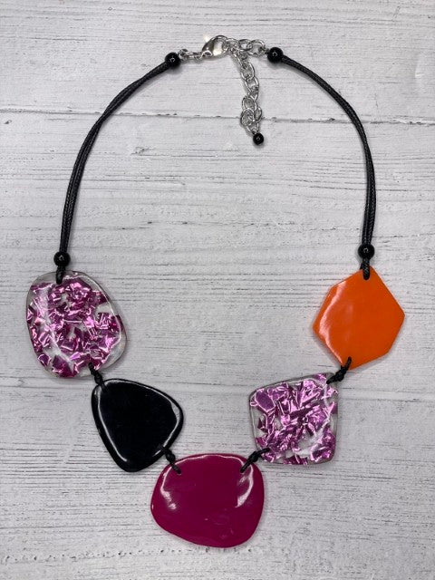Alisha D Asymmetrical Resin Pieces Orange Fuchsia Statement Necklace