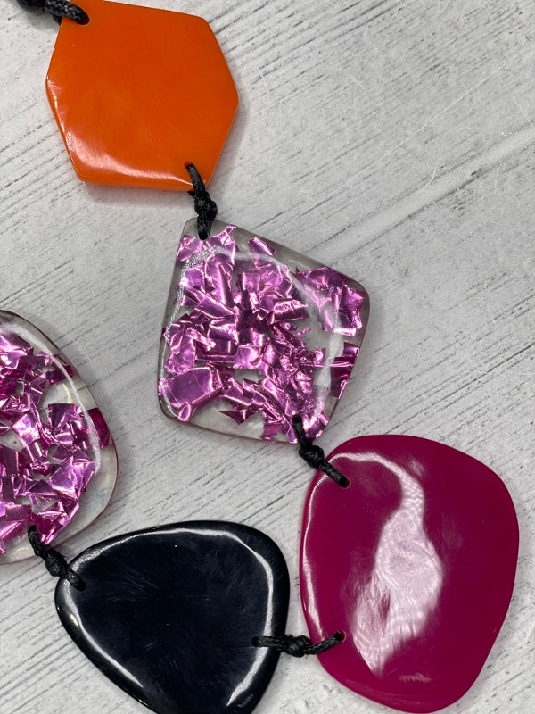 Alisha D Asymmetrical Resin Pieces Orange Fuchsia Statement Necklace