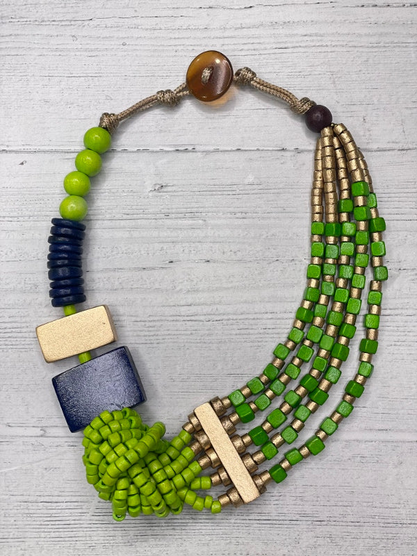 Alisha D Handmade Short Statement  Necklace Multi Strands Gold Green Wood Beaded