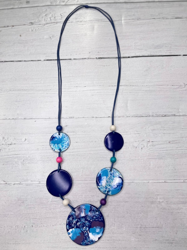 Alisha D Long Statement Necklace Hand Painted Resin Disc Blue Shade