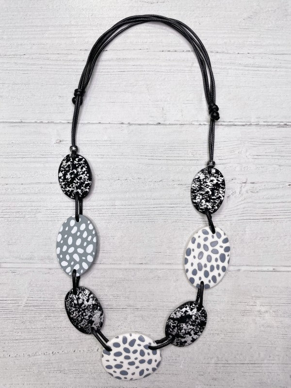 Alisha D Long Statement Necklace Adjustable Cord White Gray Dots