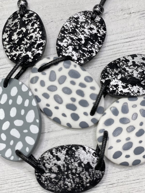 Alisha D Long Statement Necklace Adjustable Cord White Gray Dots