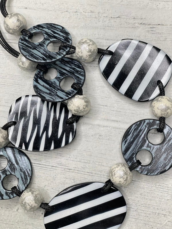 Alisha D Long Black White Statement Necklace Adjustable Cord