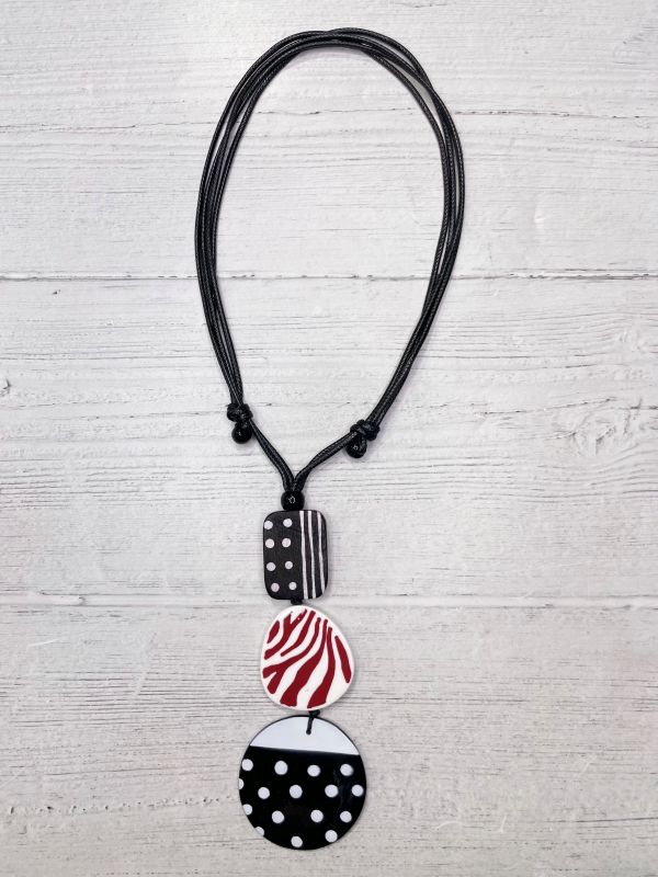 Alisha D Necklace Circle Pendant Adjustable Cord Polka Dots White