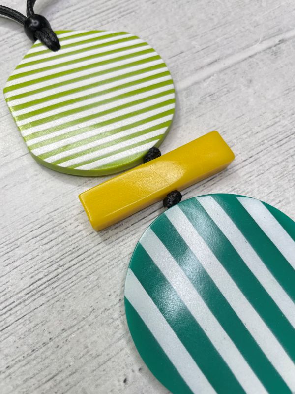 Alisha D Lime Green Stripped Resin Pendant Necklace Adjustable Cord