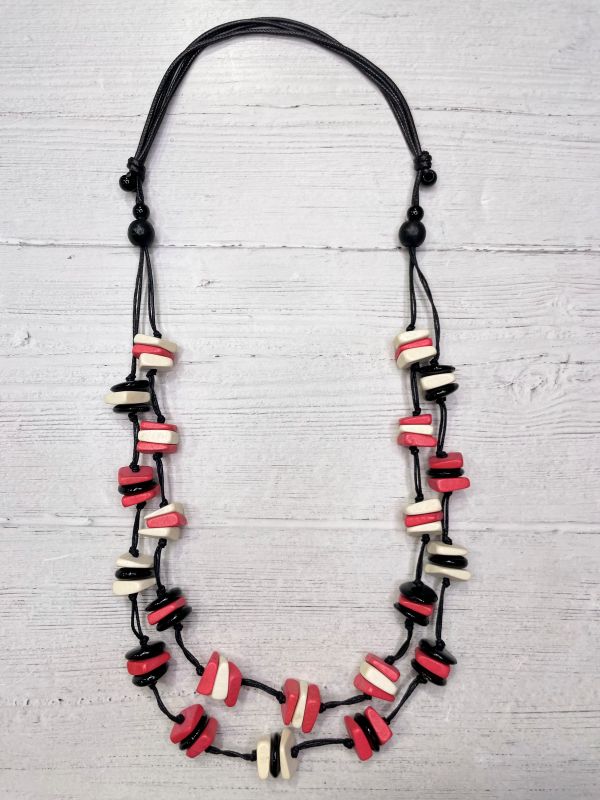 Alisha D Pink White Wood Geometric Beads Opera Necklace