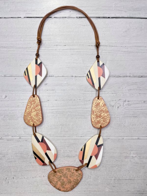 Alisha D Beige Pink Tone Wood Beaded Long Necklace Adjustable Cord