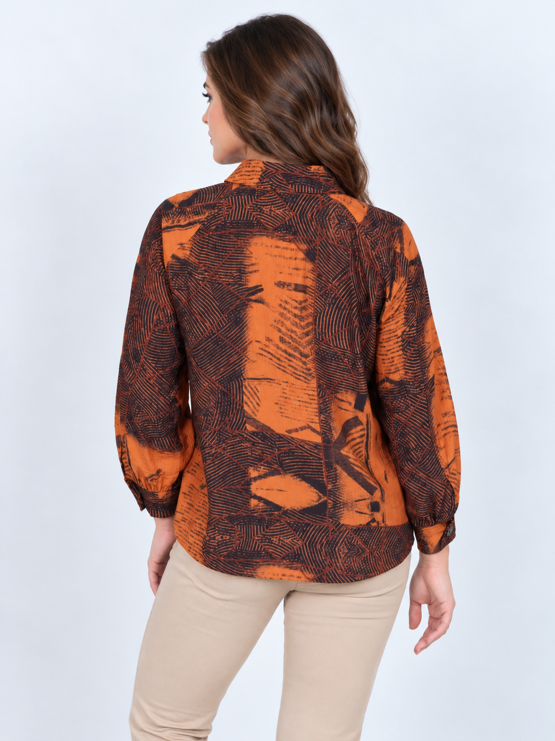 LIOR Women's Rust Tribal Print Button Front Long Sleeve Shirt - "Columbia"