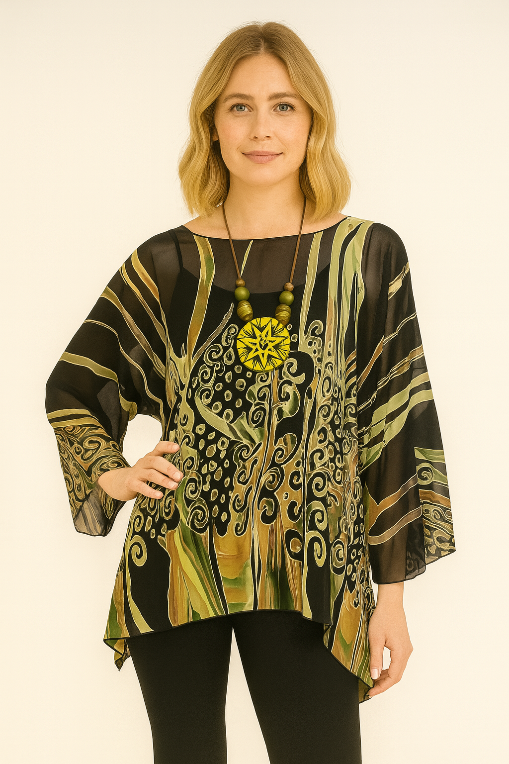 Lior One Size Green Brown Abstrac Floral Boho