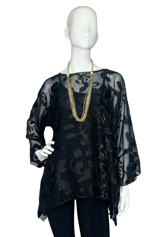 One Size Black and Gold Roses Jacquard Print Blouse Tunic LIOR