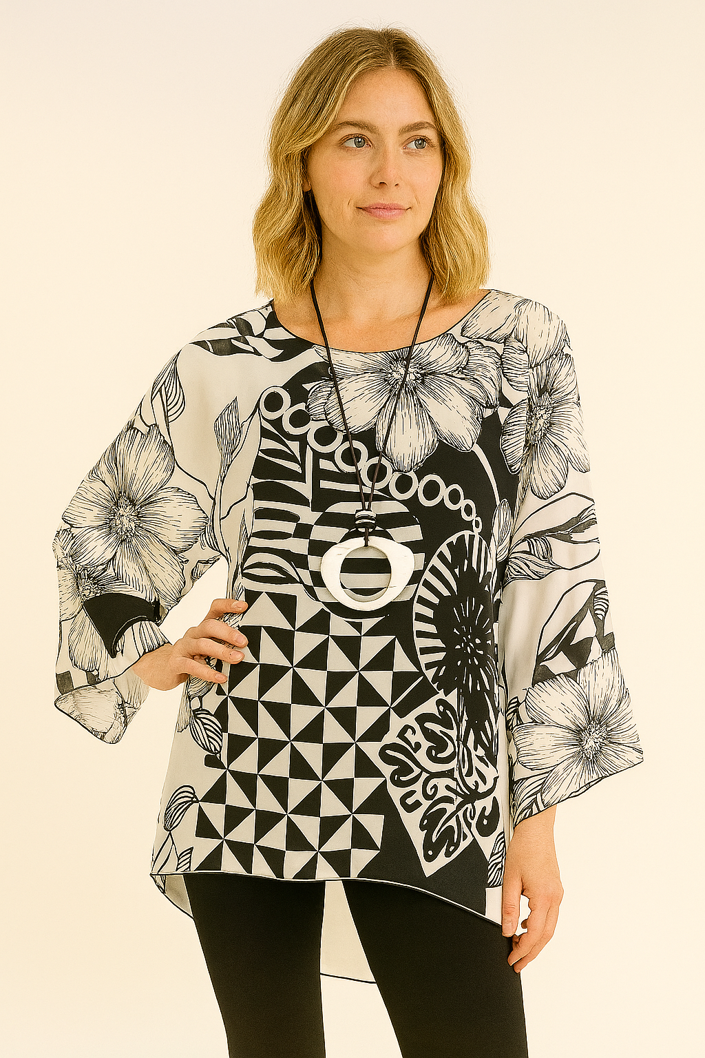 Black & White Geo Print Sheer One Size Blouse | LIOR