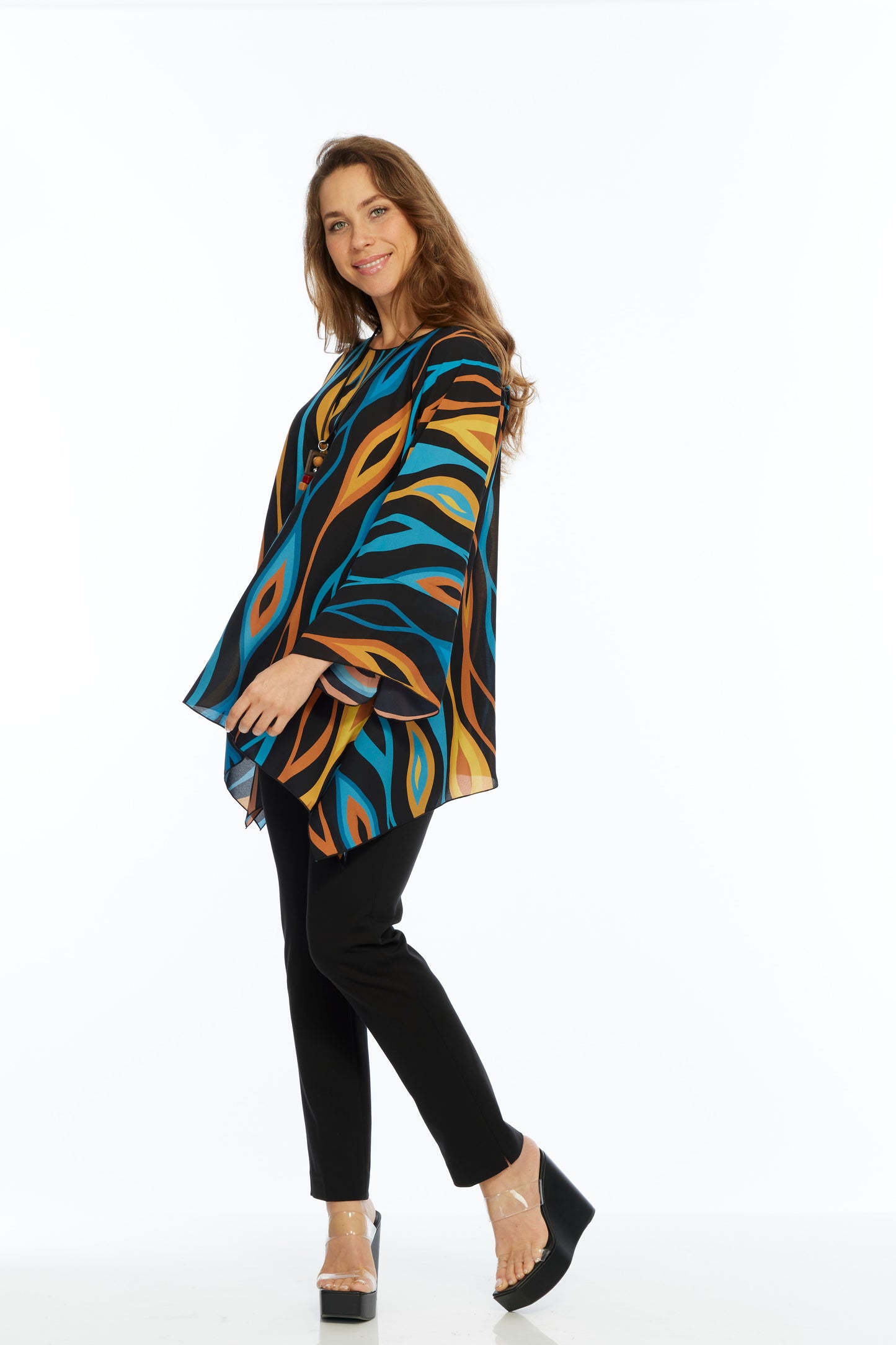 Multi Flame Print Sheer Long Sleeve Layering Top Flowy One Size LIOR