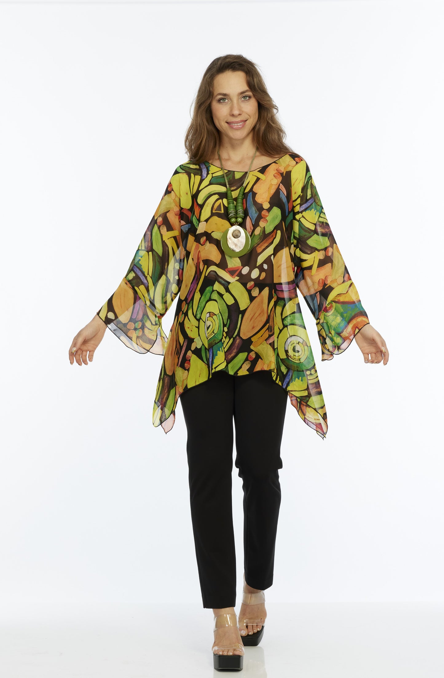 Yellow & Lime Sheer Long Sleeve Layering Top Flowy One Size LIOR