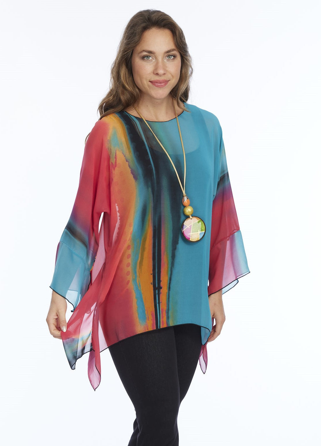 LIOR One Size Blouse Bright Turquoise & Fuschia Water Print