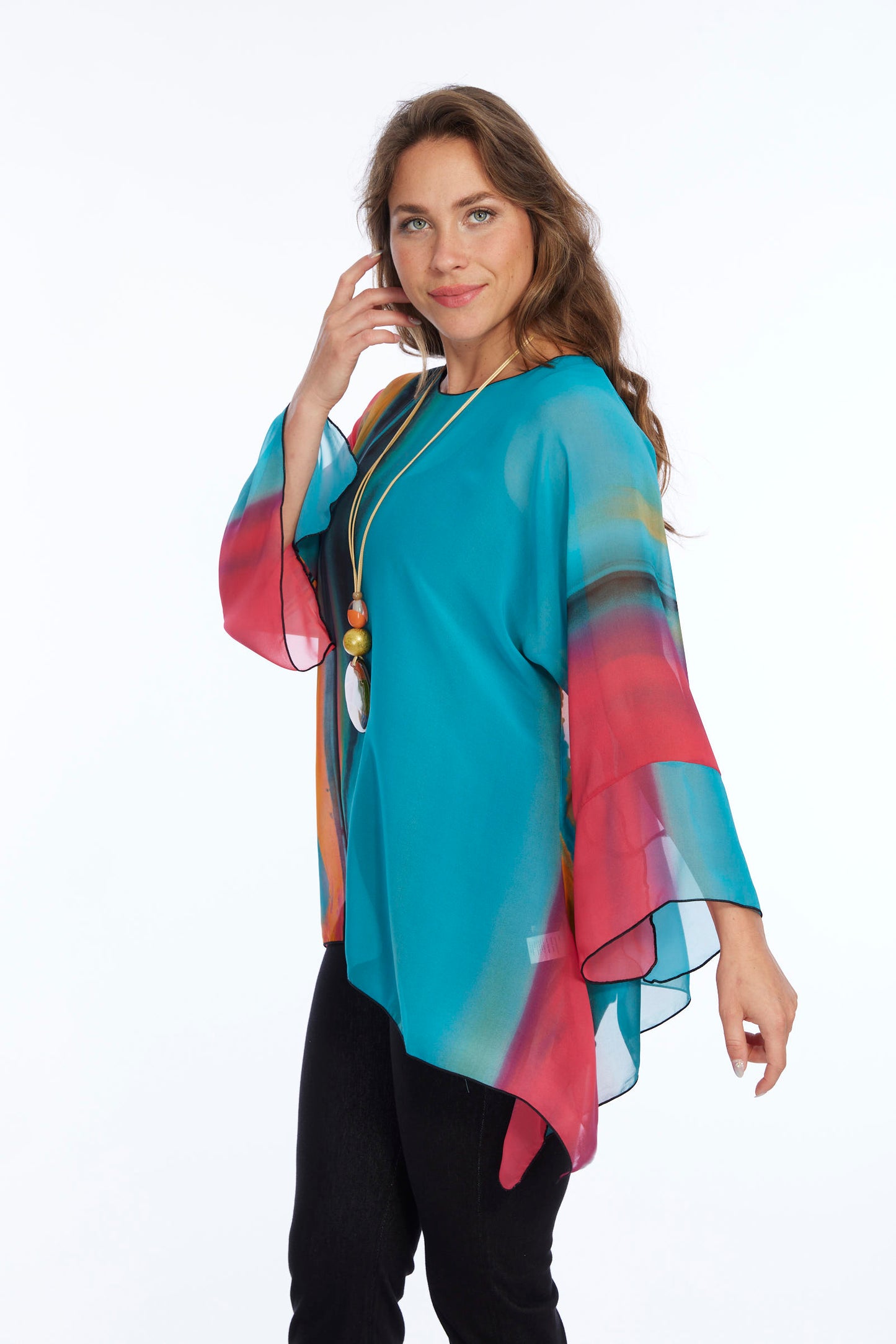 LIOR One Size Blouse Bright Turquoise & Fuschia Water Print