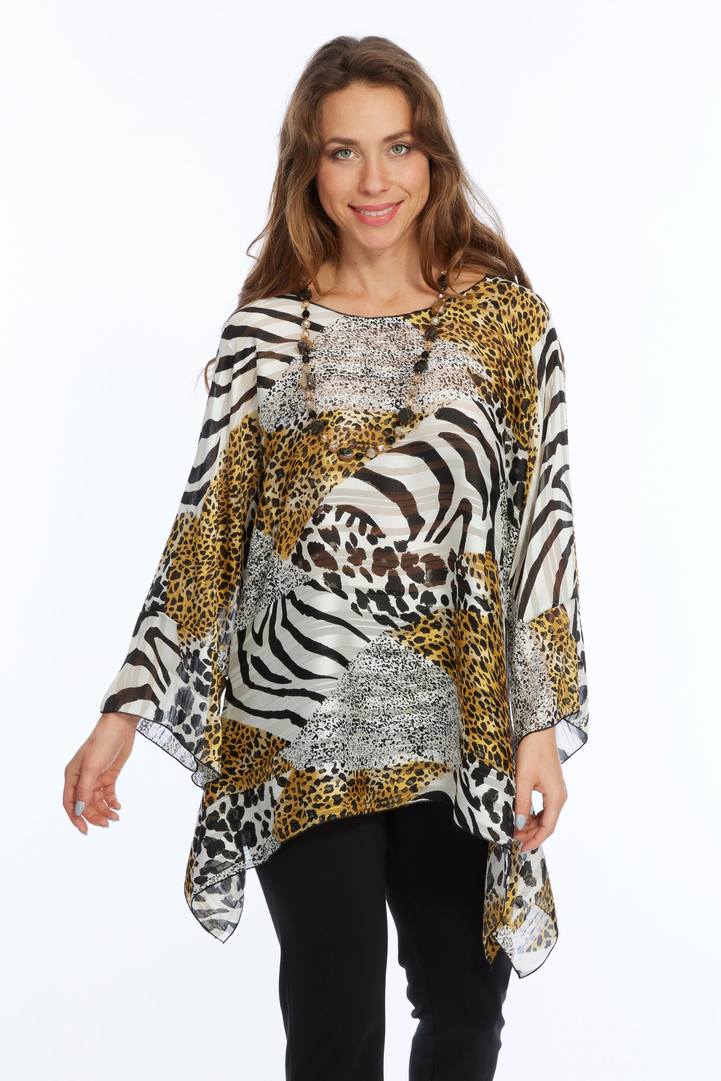 Animal Print Sheer Long Sleeve Layering Top Flowy One Size LIOR