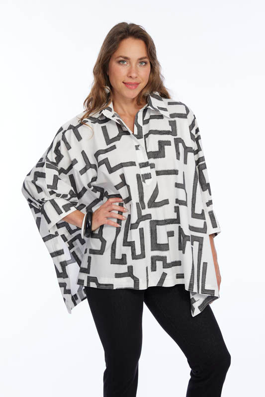 White & Grey Abstract Print One Size Collar Top: Perfect For All Sizes | LIOR