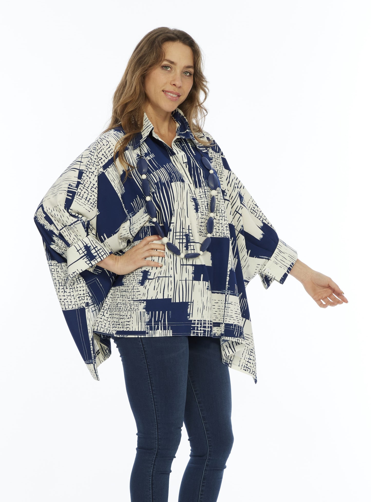 One size fits all Women's Collar Top Navy Abstract Print | LIOR