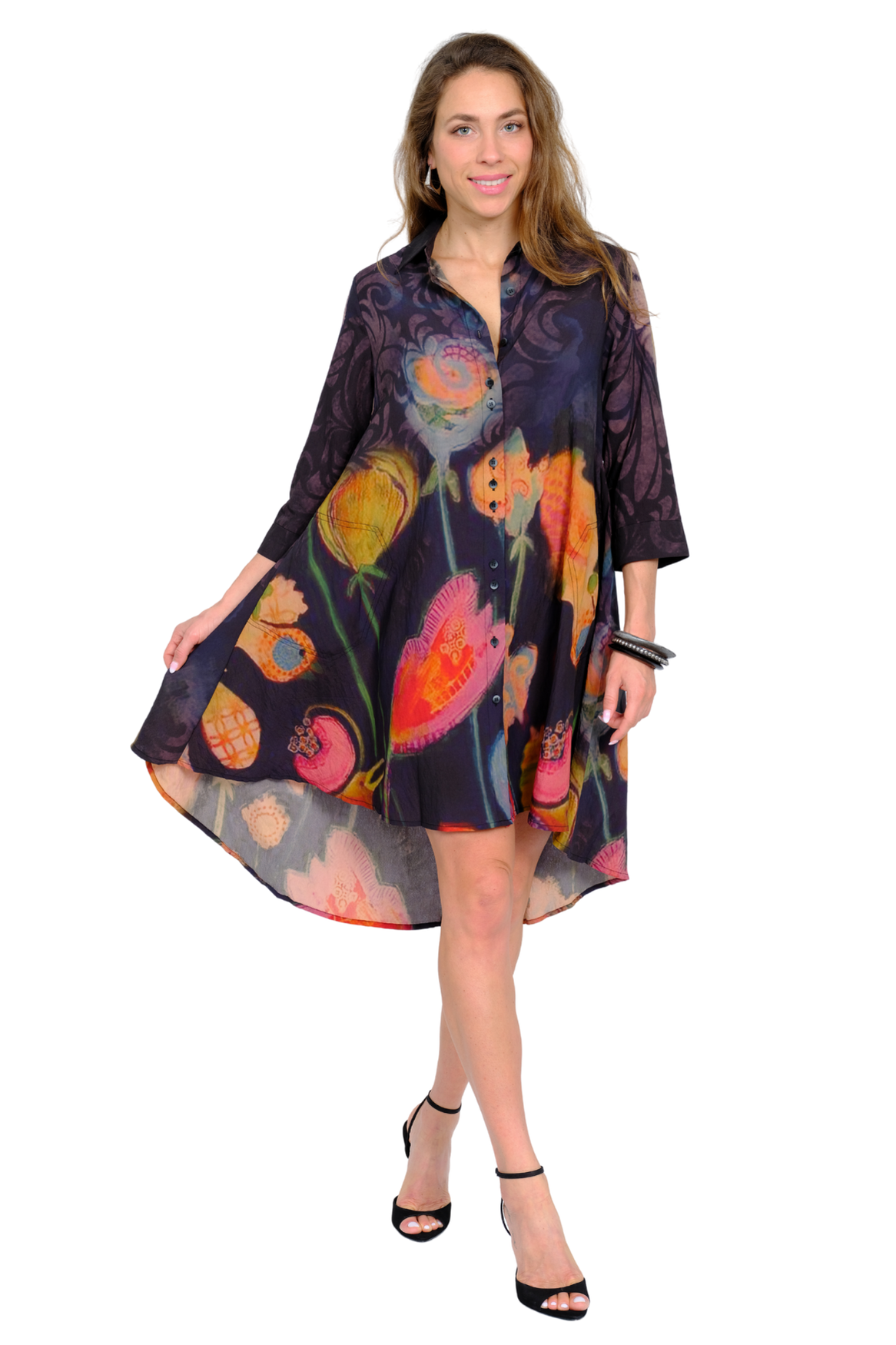 LIOR Women's Floral Button Front Shirt Dress 3/4 Sleeves - "S135"