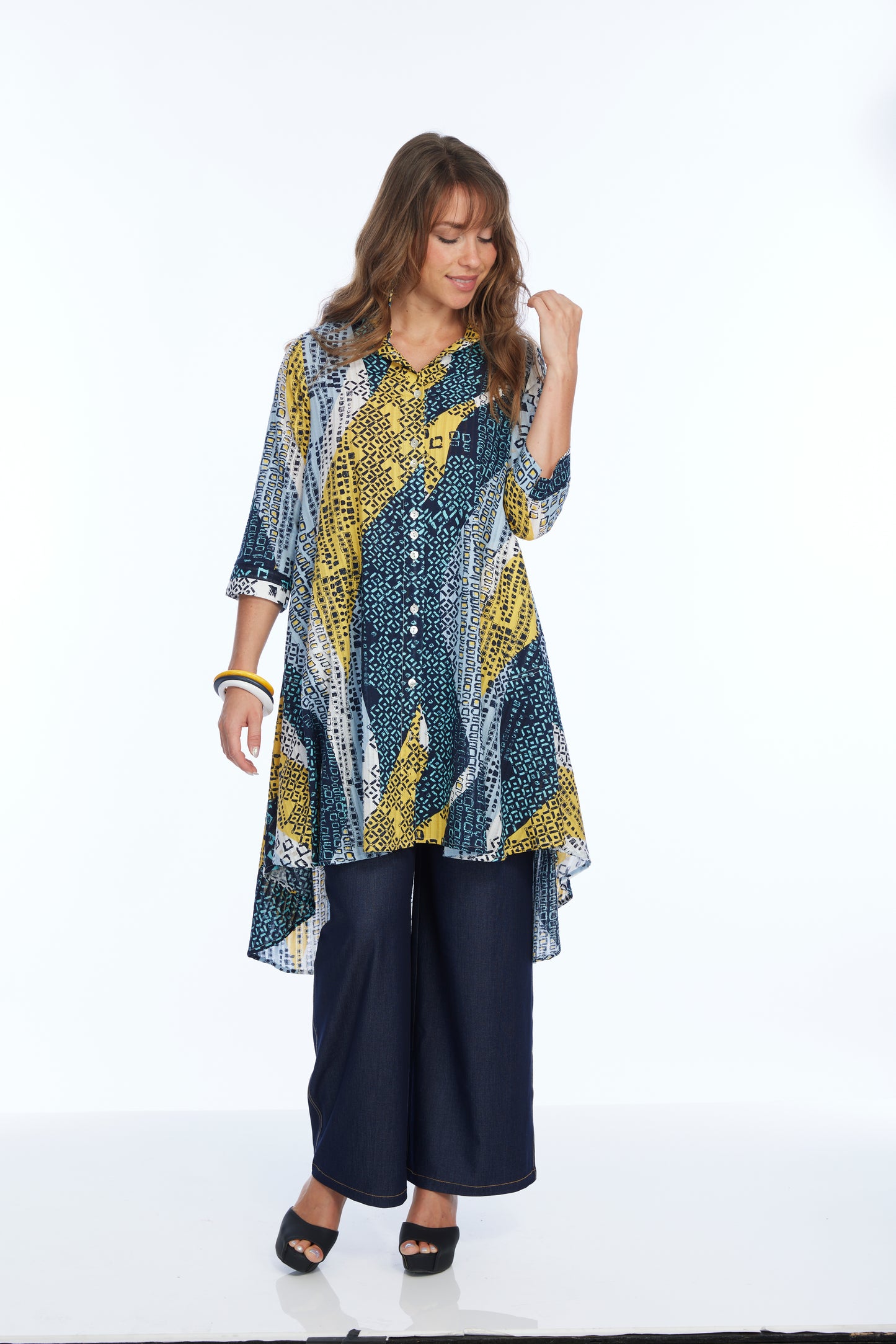 Women's Blue & Yellow Long Abstract Shirt Dress | LIOR