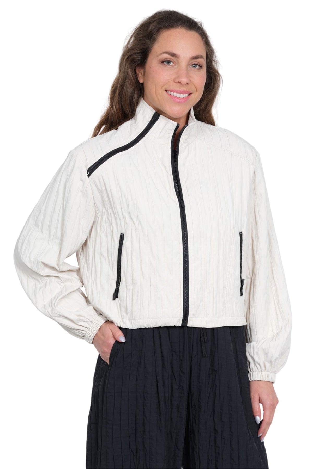 Lior Women's Crinkle Zip Bomber Jacket – Lightweight Mock-Neck Athleisure Layer (Brown/Mocha)