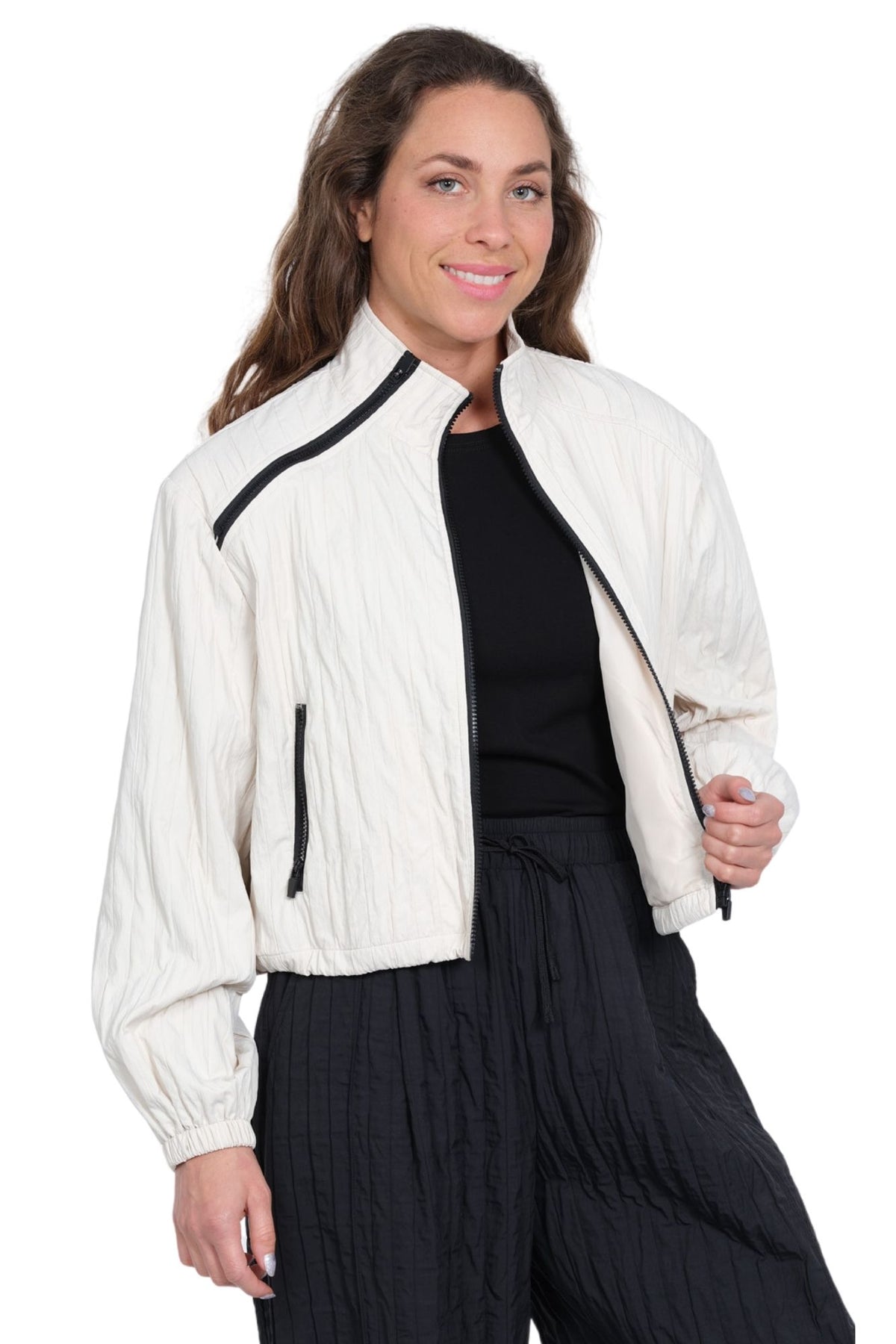 Lior Women's Crinkle Zip Bomber Jacket – Lightweight Mock-Neck Athleisure Layer (Brown/Mocha)