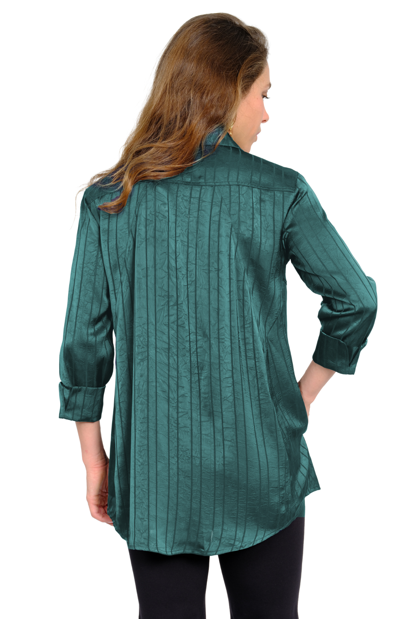 LIOR Women's 3/4 Emerald Green Collared Tunic With Satin-Feel Button-Front - "Valor"