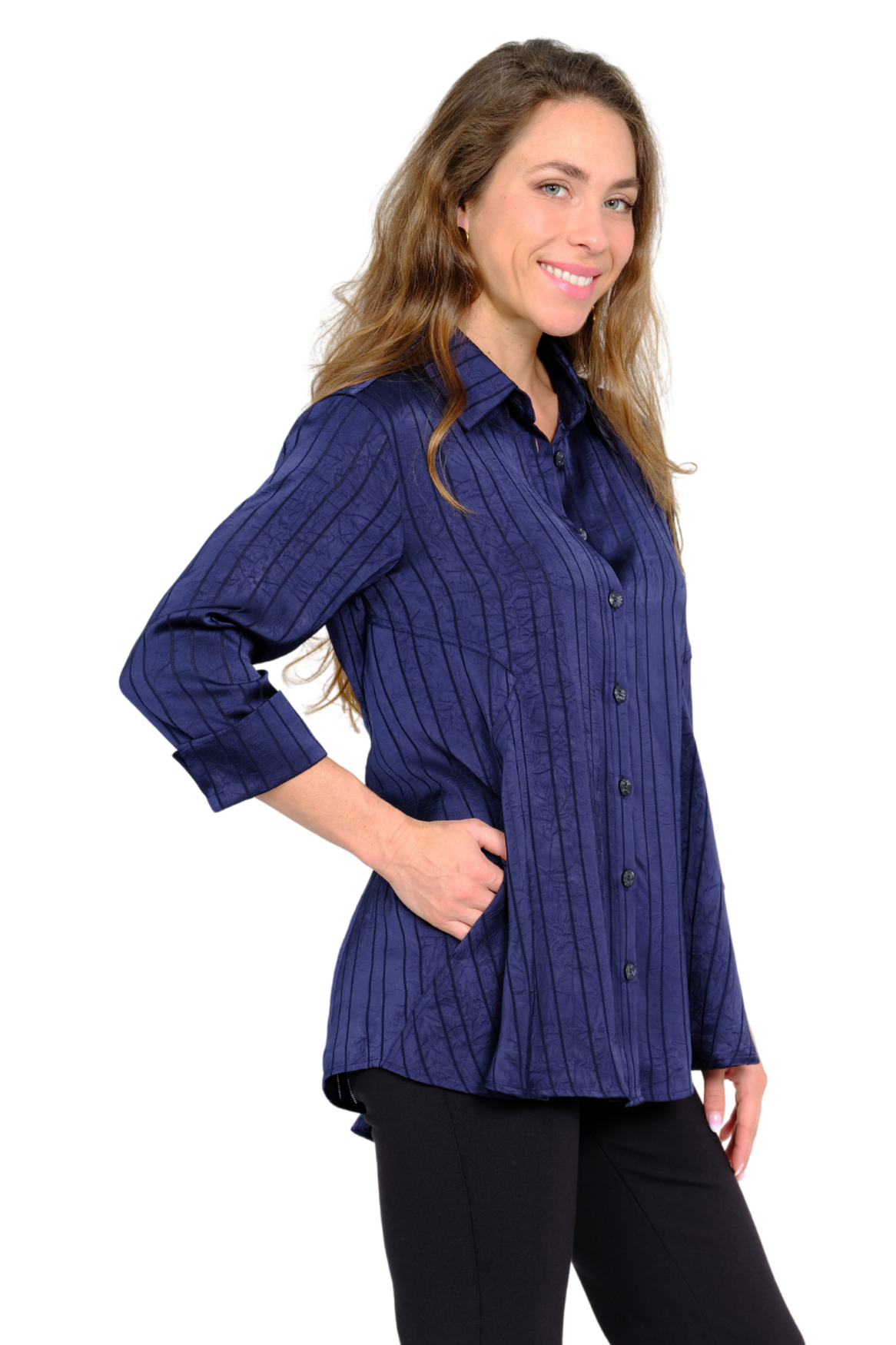 LIOR Women's 3/4 Jewel Blue Collared Tunic With Satin-Feel Button-Front - "Valor"