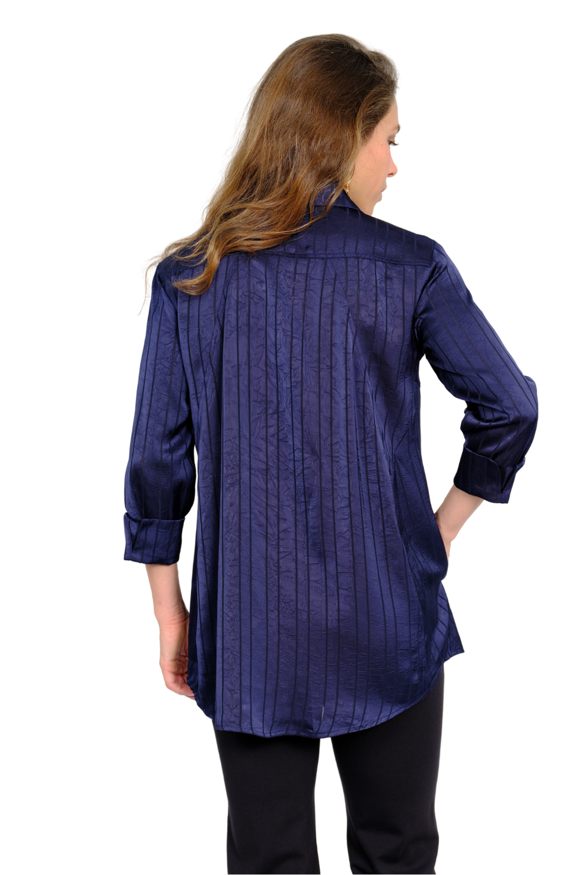 LIOR Women's 3/4 Jewel Blue Collared Tunic With Satin-Feel Button-Front - "Valor"