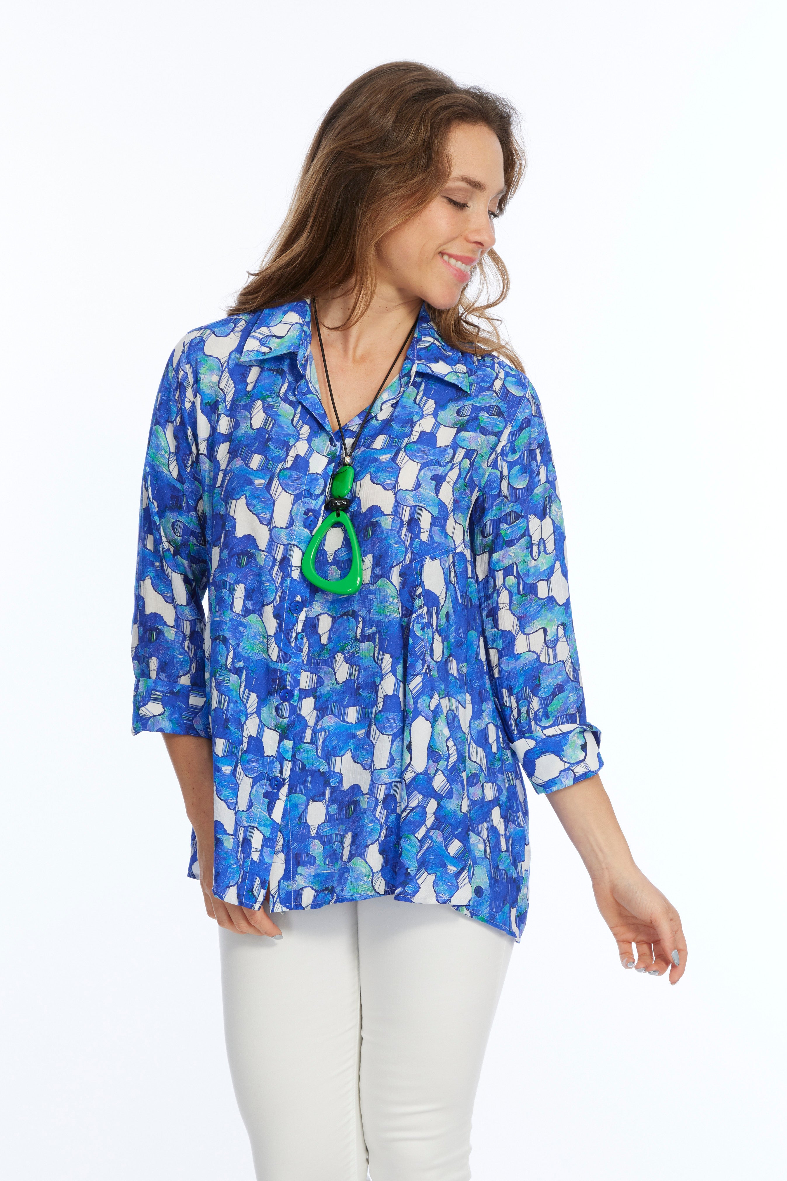 Bright blue button-down tunic top 